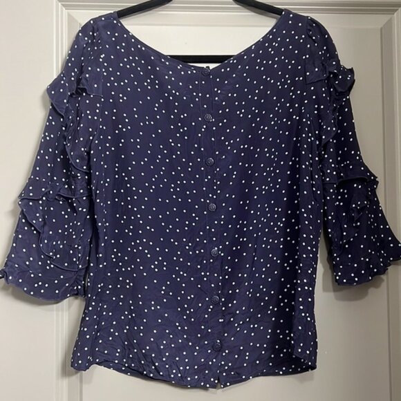 Maeve Anthropologie Navy Dot Washable Silk Ruffle Sleeve Blouse EUC - Picture 5 of 5